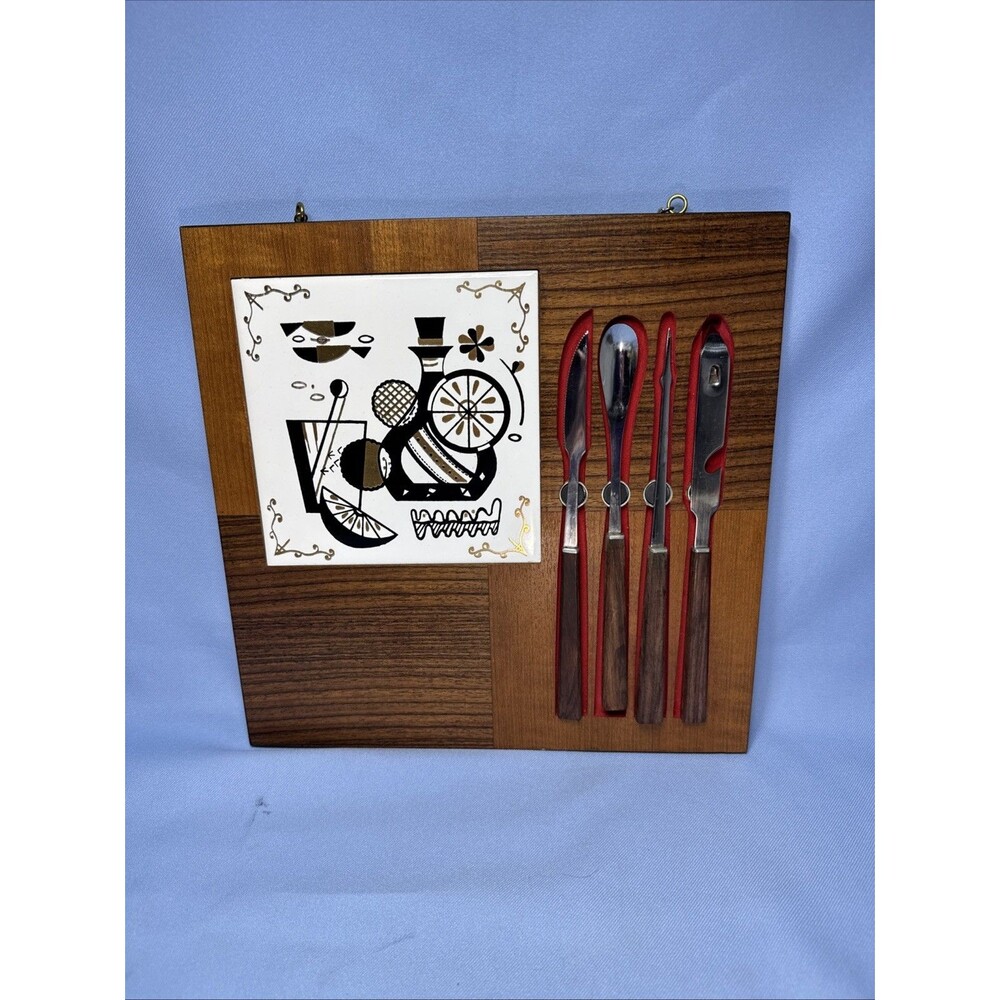 Vintage MCM Georges Briard Hanging Bar Tools & Wooden Cutting Board Cocktail Set